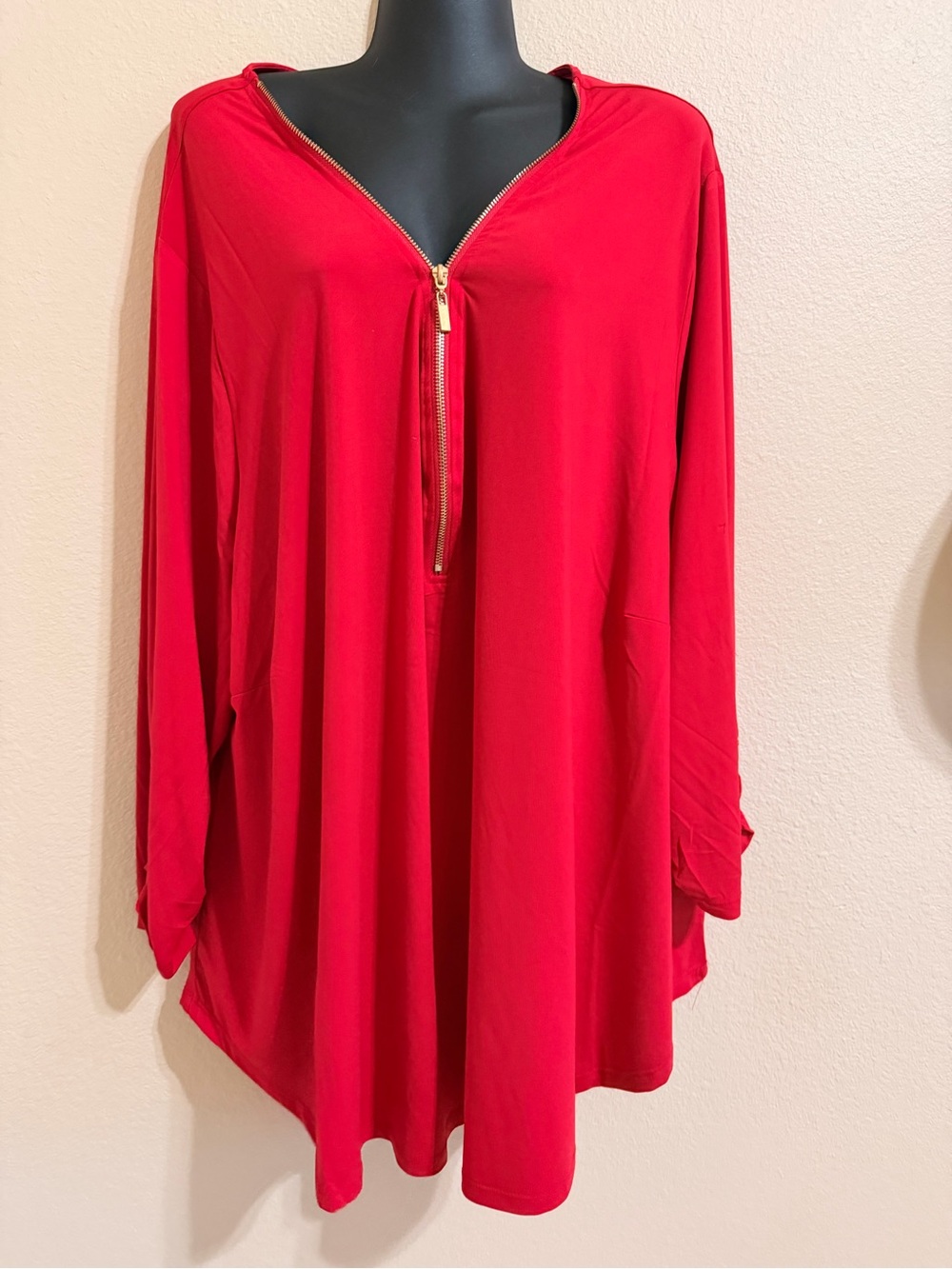 Avenue Red Zip-Front Longline Tunic with Gold Hardware